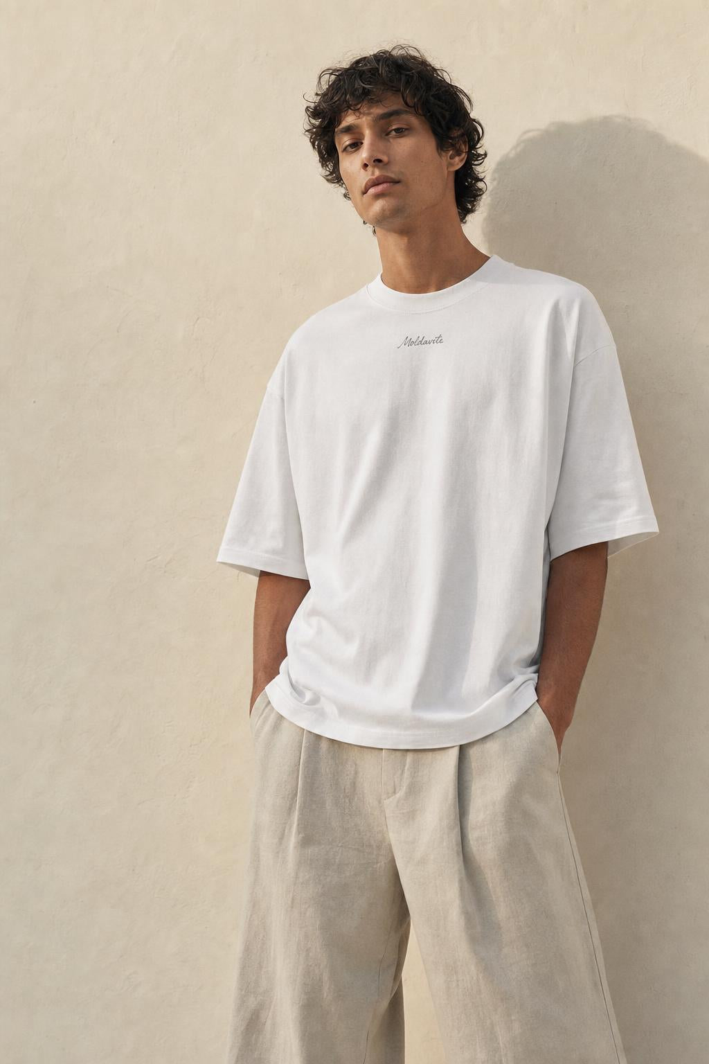 Model wearing the Calm Not Noise boxy tee, front view